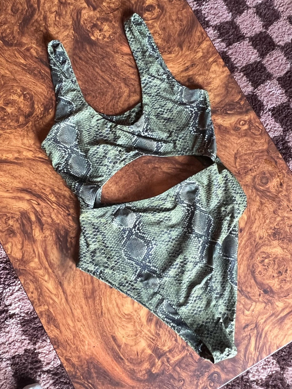 Cutout One-Piece Swimsuit in Olive Snake Print